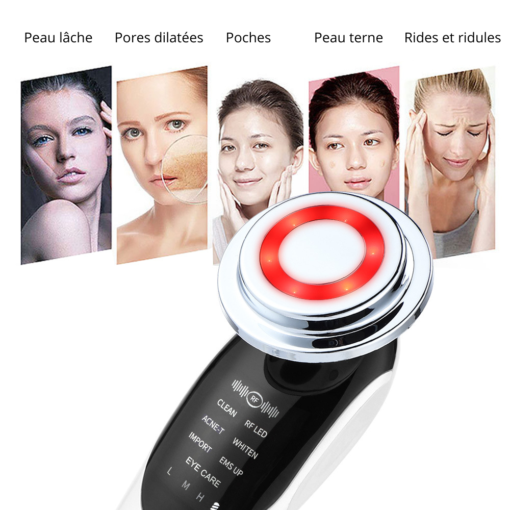 Soin du visage 7-en-1 : masseur facial EMS, micro-courant, lumière colorée, vibration, LED, appareil de beauté purifiant, introduiseur de soins de la peau, dispositif de beauté